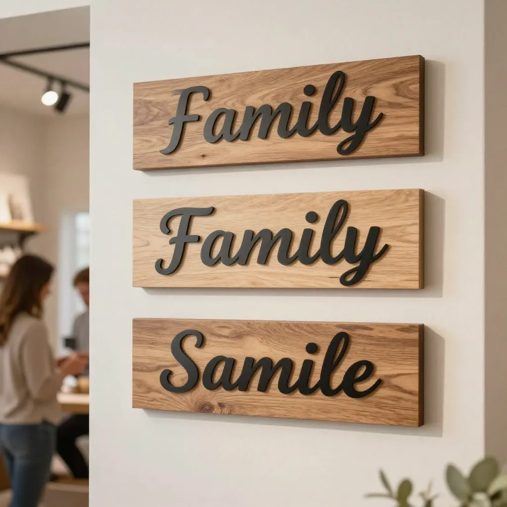 Wooden sign above fireplace